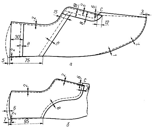 Рис. 47. Модель подкладки мужского полуботинка с отрезными деталями: а - I вариант; б - II вариант