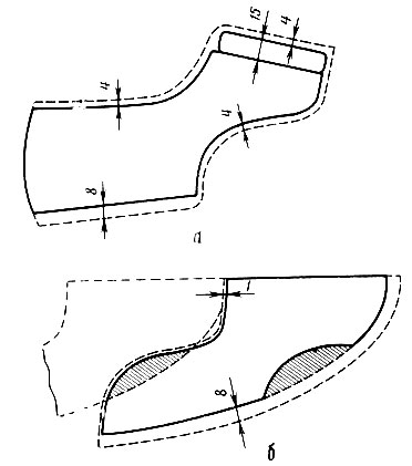 Рис. 55. Модель межподкладки мужского полуботинка типа 'конверт': а - под берец; б - под союзку