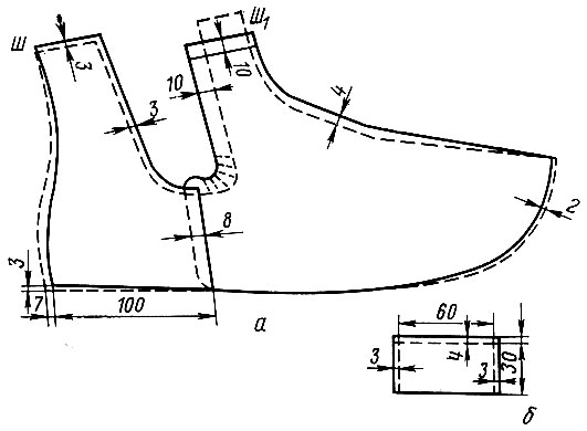 Рис. 62. Модель подкладки мужского ботинка с резинками и отрезными деталями: а - носочной и пяточной частей; б - подъемной части