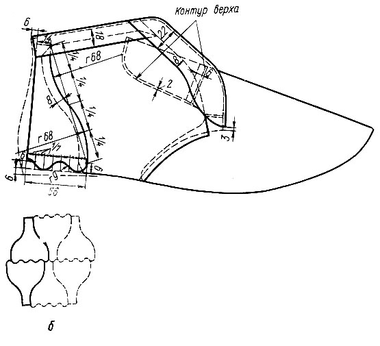 Рис. 64. Модель подкладки мужского ботинка типа 'конверт': а - модель подкладки; б - конфигурация заднего внутреннего ремня