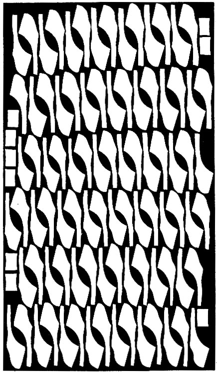 Рис. 41. Схема раскроя ткани на детали межподкладки под отрезные берцы мужских полуботинок (составлена на фабрике 'Скороход')